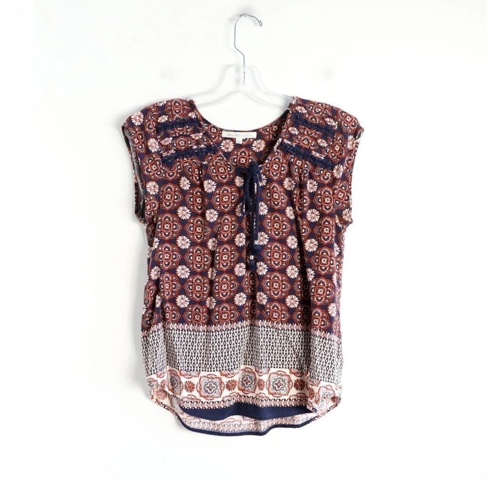 Daniel Rainn sleeveless boho top abstract print ethnic tassels bohemian cottage